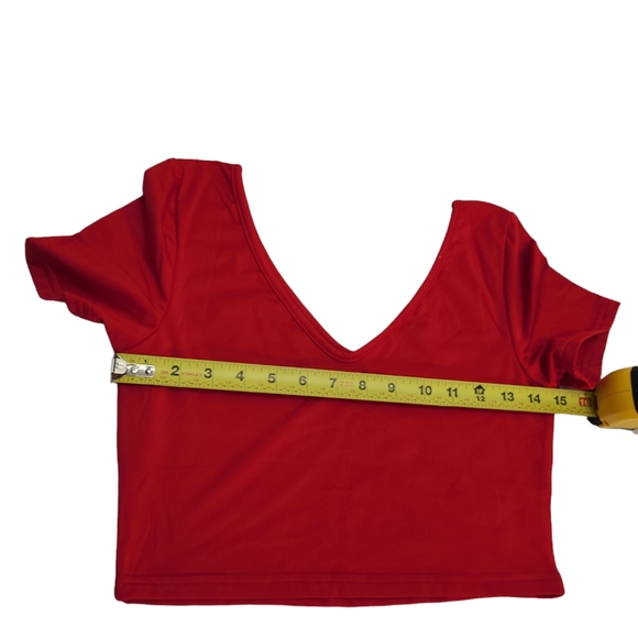 ZILEZILE Women Sexy Off Shoulder V-Neck Short Sleeves Red Crop Top Size Medium - Picture 3 of 8